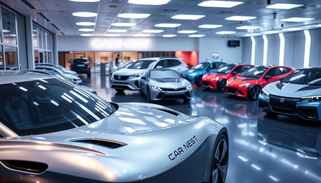 A sleek, futuristic showroom filled with the latest 2025 car models from the Car Nest brand. In the foreground, a gleaming autonomous electric sedan with a streamlined, aerodynamic design and advanced sensor arrays. In the middle ground, a hybrid SUV with bold, angular lines and a large touchscreen display. In the background, a fleet of compact city cars with vibrant, customizable exterior panels. The scene is bathed in cool, ambient lighting, creating a sense of technological sophistication. The cars are arranged in a visually striking, gallery-like layout, showcasing the innovative design and cutting-edge features of the 2025 Car Nest lineup.