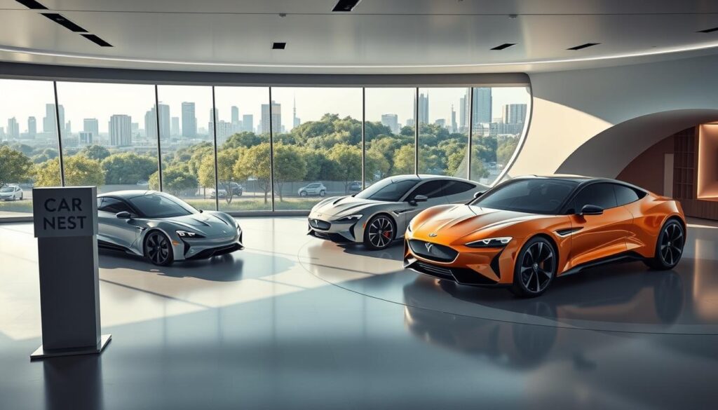A sleek, futuristic showroom showcasing the top hybrid cars of 2025. In the foreground, the "Car Nest" logo stands prominently, its minimalist design reflecting the advanced technology within. The center stage features the latest hybrid models, their aerodynamic forms and vibrant color palettes capturing the eye. Soft, directional lighting bathes the scene, casting dramatic shadows and highlights that accentuate the vehicles' sophisticated curves. In the background, a panoramic window reveals a cityscape of skyscrapers and verdant parks, hinting at the eco-friendly credentials of these hybrid marvels. The overall atmosphere conveys a sense of innovation, efficiency, and a vision for a sustainable automotive future.