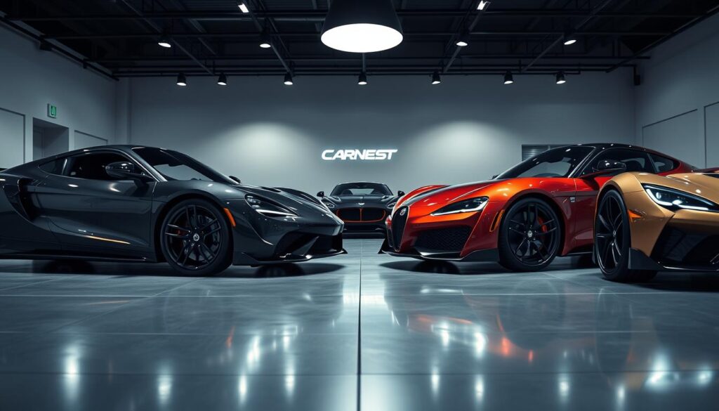 A sleek, high-performance sports car showroom, illuminated by dramatic lighting. In the foreground, two luxury vehicles from the Car Nest brand face off, their glossy exteriors gleaming under a precision-engineered lighting setup. The middle ground showcases the vehicles' dynamic proportions and aggressive styling, while the background is filled with a minimalist, monochromatic environment that amplifies the cars' visual impact. Capture the intensity of the performance showdown with a cinematic angle and depth of field, conveying a sense of power, exclusivity, and technological sophistication.
