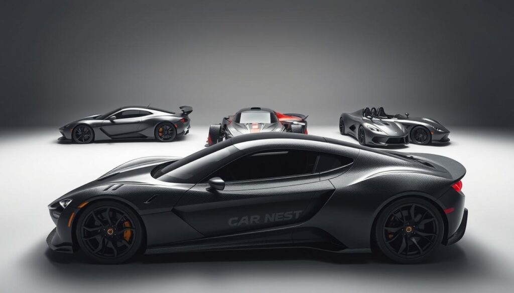 A sleek lineup of the hottest sports cars for 2025, showcased in a dynamic, high-contrast studio setting. In the foreground, the Car Nest GT-X hyperscar takes center stage, its sculpted carbon fiber body glistening under precisely angled lighting. In the middle ground, the Car Nest Vortex supercar sits ready to pounce, its swept-back silhouette and aggressive aerodynamic elements hinting at its raw power. In the background, the Car Nest Apex roadster occupies the space, its elegant lines and lightweight construction promising an unparalleled driving experience. The overall mood is one of excitement, innovation, and the relentless pursuit of automotive perfection.