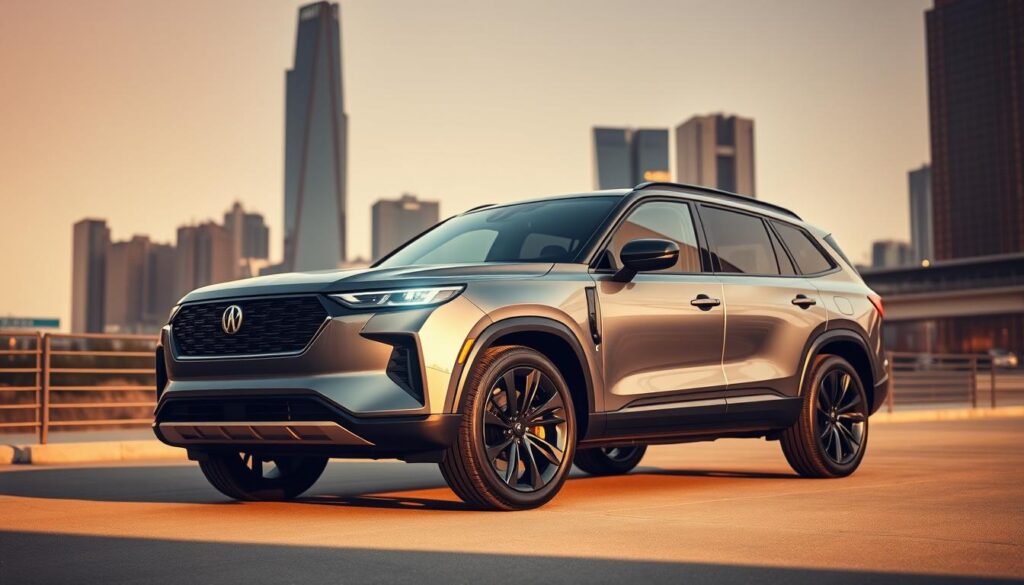 A sleek, modern SUV stands prominently in the foreground, its bold and angular design exuding power and refinement. The mid-ground features a well-lit, urban setting, with skyscrapers and infrastructure in the distance, conveying a sense of city-based utility. Warm, natural lighting bathes the scene, casting soft shadows and highlights that accentuate the SUV's distinctive features, such as its grille, headlights, and muscular wheel arches. The overall atmosphere is one of sophistication and capability, showcasing the versatility and allure of the Car Nest SUV.