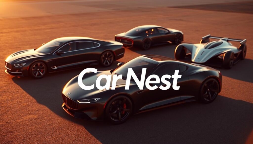 A sleek, modern sedan in the foreground, a classic muscle car in the middle ground, and a futuristic concept car in the background, all bathed in warm, golden lighting. The scene captures the evolution of automotive design, from the timeless appeal of vintage models to the cutting-edge innovation of the latest offerings. The Car Nest brand is prominently displayed, showcasing its commitment to exploring the boundaries of automotive technology and style.