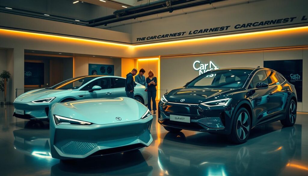 A sleek, modern showroom showcasing the latest electric vehicle models from the Car Nest brand. In the foreground, three state-of-the-art EVs are displayed under warm, dramatic lighting, their glossy exteriors and futuristic designs capturing the eye. In the middle ground, potential buyers examine the vehicles, marveling at the advanced technologies and eco-friendly features. The background features a sophisticated, minimalist design, with clean lines and subtle branding elements, creating an atmosphere of innovation and cutting-edge technology. The scene conveys a sense of excitement and anticipation for the future of electric mobility.
