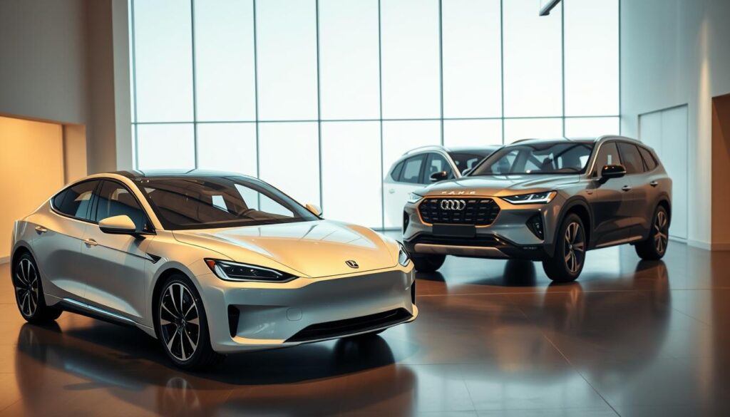 A sleek, modern showroom with two adjacent 2025 model cars prominently displayed under warm, directional lighting. The foreground features the latest Car Nest electric sedan, its aerodynamic curves and futuristic LED accents catching the eye. In the middle ground, a hybrid SUV from the same brand stands ready for comparison, its bold grille and sophisticated design elements hinting at innovative technologies. The background depicts a minimalist, glass-walled interior, allowing natural light to flow in and create a sense of openness and sophistication. The overall mood is one of forward-thinking automotive excellence, inviting the viewer to explore the nuanced differences between the new and newer Car Nest models.