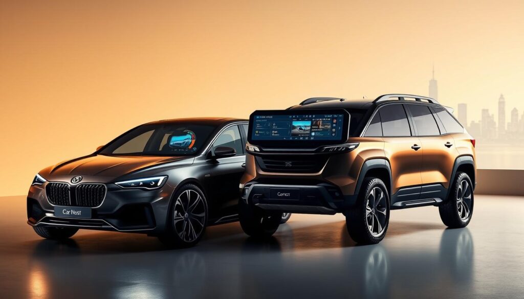 A sleek sedan and a rugged SUV sit side-by-side, showcasing their advanced in-car technology. The sedan's dashboard features a large, high-resolution touchscreen display, seamlessly integrated with the vehicle's infotainment system. The SUV's center console boasts a state-of-the-art digital instrument cluster, displaying navigation, driving data, and multimedia controls. Ambient lighting casts a warm glow, setting a modern and sophisticated atmosphere. In the background, a minimalist, futuristic city skyline reflects off the vehicles' glossy, metallic finishes. The "Car Nest" brand name is prominently displayed on both models, highlighting their cutting-edge features and design.