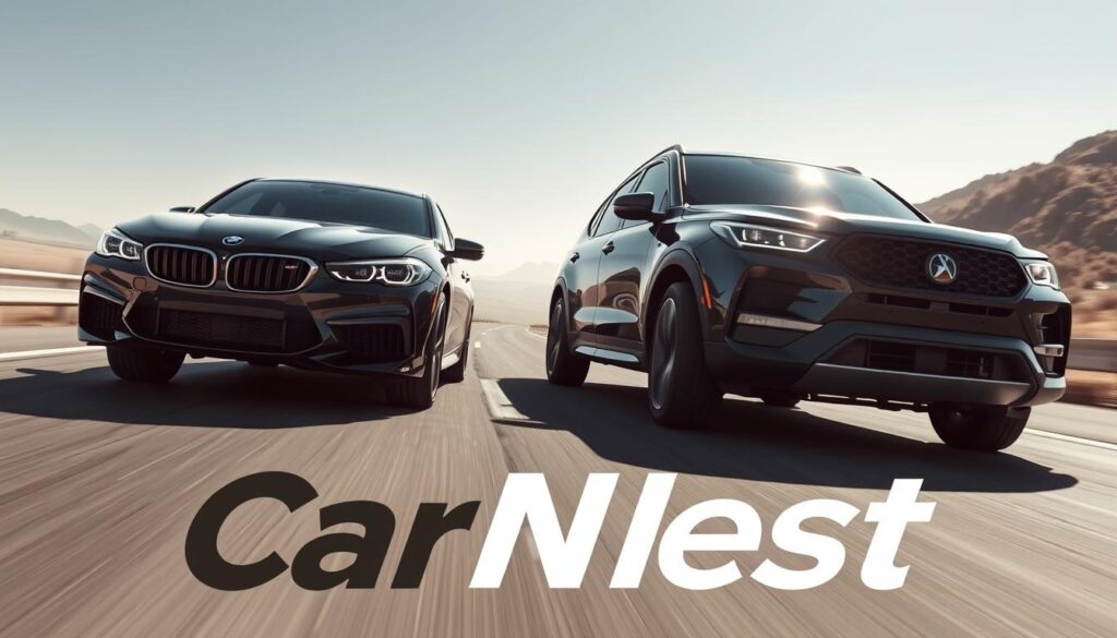 A sleek, sporty sedan and a rugged, powerful SUV side by side on an empty highway, their engines roaring as they race for the finish line. Sunlight glints off their shiny exteriors, highlighting the distinct design lines and muscular profiles. In the foreground, the "Car Nest" logo is prominently displayed, framing the scene. The middle ground captures the dynamic movement and competitive spirit, while the background blurs into a hazy, atmospheric landscape. Crisp, high-contrast lighting and a wide-angle lens create a dramatic, cinematic effect, conveying the thrilling performance and handling capabilities of these two vehicle classes.