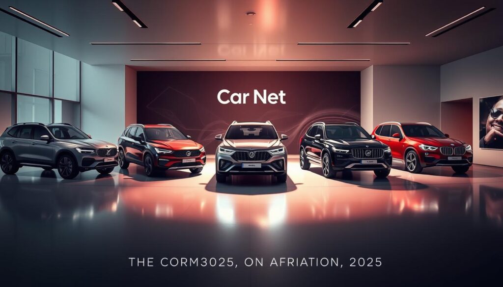 A stylish, high-resolution rendering of the top 2025 SUV models, showcased in a sleek and modern automotive showroom setting. The foreground features several prominent SUV silhouettes in various dynamic poses, highlighted by dramatic lighting and reflections, conveying a sense of power and sophistication. The middle ground showcases the detailed exterior and interior features of the SUVs, with emphasis on their advanced technological capabilities. The background depicts a minimalist, yet sophisticated environment, with clean lines, muted colors, and a subtle branding element "Car Nest" discreetly displayed. The overall mood is one of excitement and anticipation, capturing the essence of the "SUV Mania: The Most Anticipated Models" section.