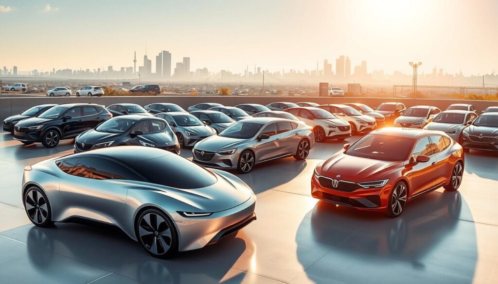 Fuel-efficient cars 2025, a sleek and modern lineup showcasing the latest advancements in automotive engineering. In the foreground, the Car Nest model shines with a streamlined, aerodynamic design, its body panels reflecting the sun's rays. The middle ground features a diverse array of environmentally-conscious vehicles, each boasting impressive fuel economy and cutting-edge technologies. In the background, a cityscape backdrop sets the scene, with skyscrapers and infrastructure hinting at the sustainable urban landscapes of the future. The lighting is soft and natural, accentuating the cars' curves and highlighting their efficient profiles. The overall atmosphere conveys a sense of progress and innovation, reflecting the leading brands in the fuel-efficient car market.