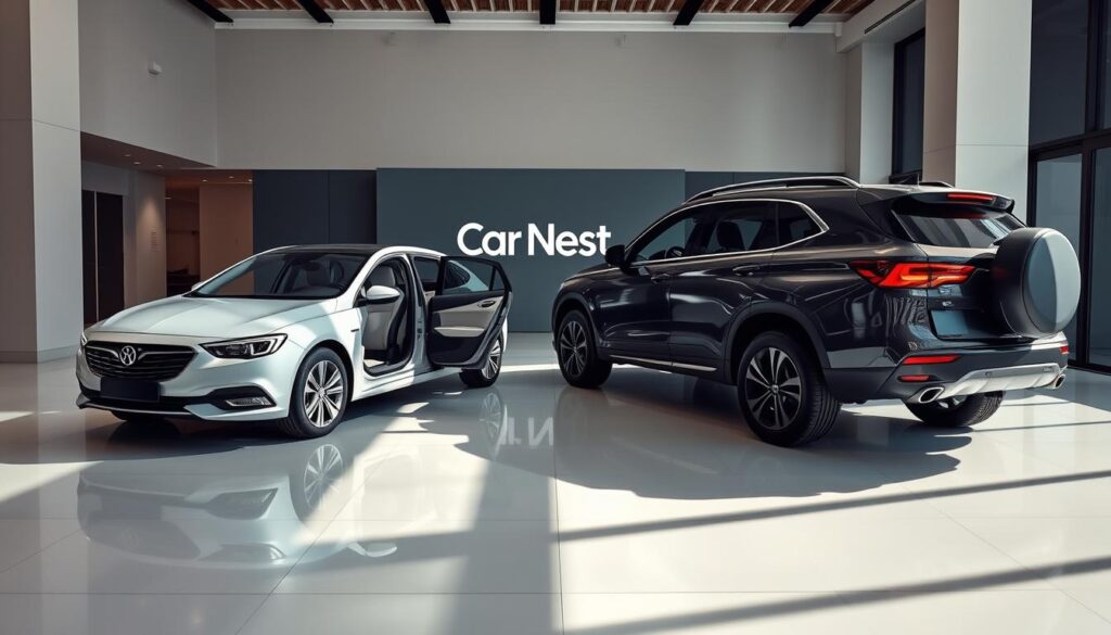 Interior space comparison between a sedan and an SUV, showcasing the contrasting dimensions and layouts. A well-lit, contemporary showroom setting with sleek, polished floors and minimalist decor. In the foreground, a midsize sedan with a clean, aerodynamic silhouette, its interior revealed through a cutaway view, highlighting the compact, driver-centric cabin. Alongside, a spacious, high-riding SUV with a bold, muscular presence, its cavernous, versatile interior exposed, emphasizing the added room and flexibility. Lighting casts dramatic shadows, accentuating the distinct profiles and proportions. The branding "Car Nest" is discreetly displayed in the background. A visually striking comparison to illustrate the interior space and comfort differences between these two vehicle categories.
