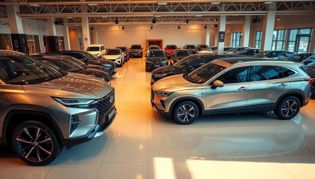 Prompt A pristine showroom floor showcasing the latest top SUV models for 2025, shot with a wide-angle lens to capture the vehicles in their full glory. In the foreground, the sleek and powerful Car Nest Xtreme SUV commands attention with its bold, angular design and gleaming metallic finish. In the middle ground, the elegant and refined Car Nest Odyssey SUV stands tall, its smooth curves and advanced technology hinting at its exceptional performance. The background is filled with a diverse array of other leading SUV models, each with its own distinct personality, creating a dynamic and competitive environment. The lighting is warm and inviting, casting a soft glow on the vehicles and heightening the sense of sophistication and modernity. The overall atmosphere exudes a sense of excitement and anticipation, as if the viewer is on the cusp of discovering the ultimate SUV champion.