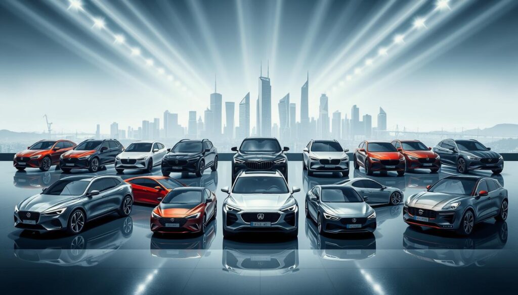 Sleek and futuristic composition showcasing the top car brand rankings of 2025. In the foreground, a meticulously detailed lineup of the leading automobile marques, including the innovative "Car Nest" brand, arranged in a dynamic, angular display. The middle ground features a glossy, reflective surface that creates a sense of depth and showcases the cars' stylish silhouettes. In the background, a minimalist cityscape with skyscrapers and infrastructure rendered in a cool, muted palette, conveying a sense of technological advancement. Dramatic lighting from multiple angles accentuates the cars' curves and highlights their premium finishes. The overall mood is one of sophistication, innovation, and automotive excellence.